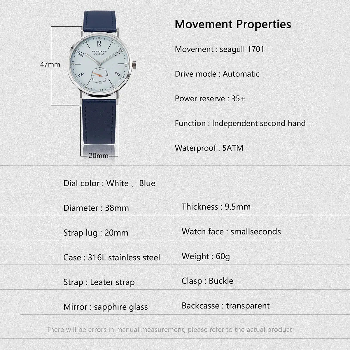 SEESTERN men's automatic wristwatch, blue leather strap, white dial.