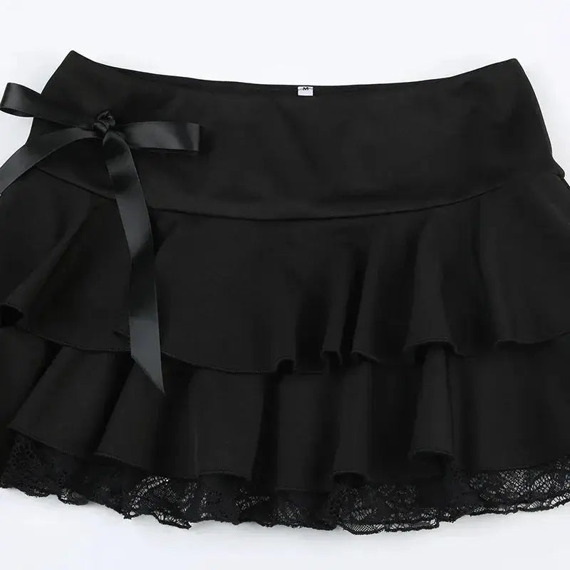 Goth Y2K black lace-trim bow A-line mini skirt with layered ruffles and lace hem by Simples Market