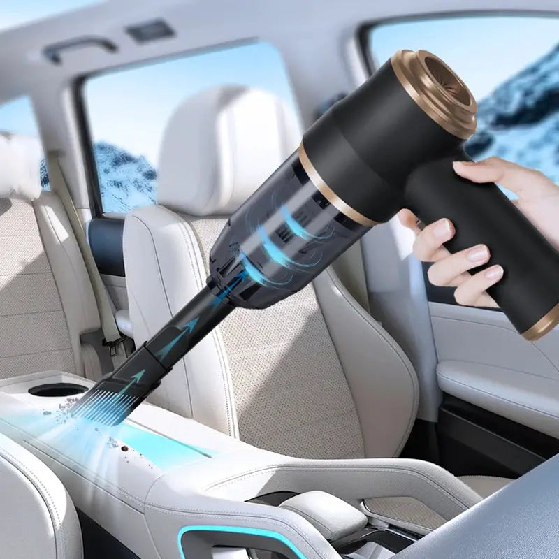 Wireless car vacuum cleaner Simples Market, cordless handheld with black body and gold trim for car interior cleaning.
