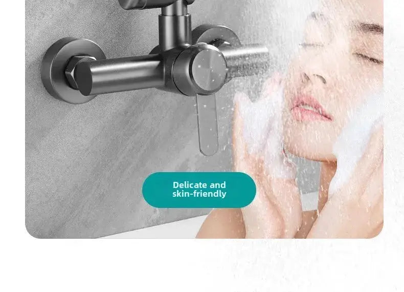 Stainless steel wall-mounted faucet with round mounting plates and side lever for kitchen sink.
