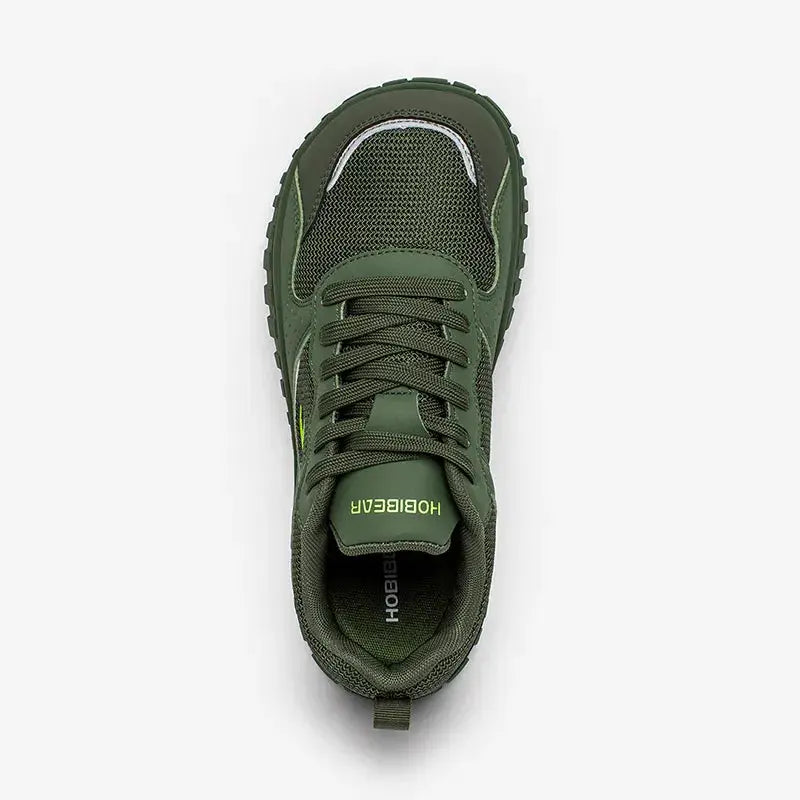 HOBIBEAR unisex wide-toe walking sneakers, olive green lace-up with mesh