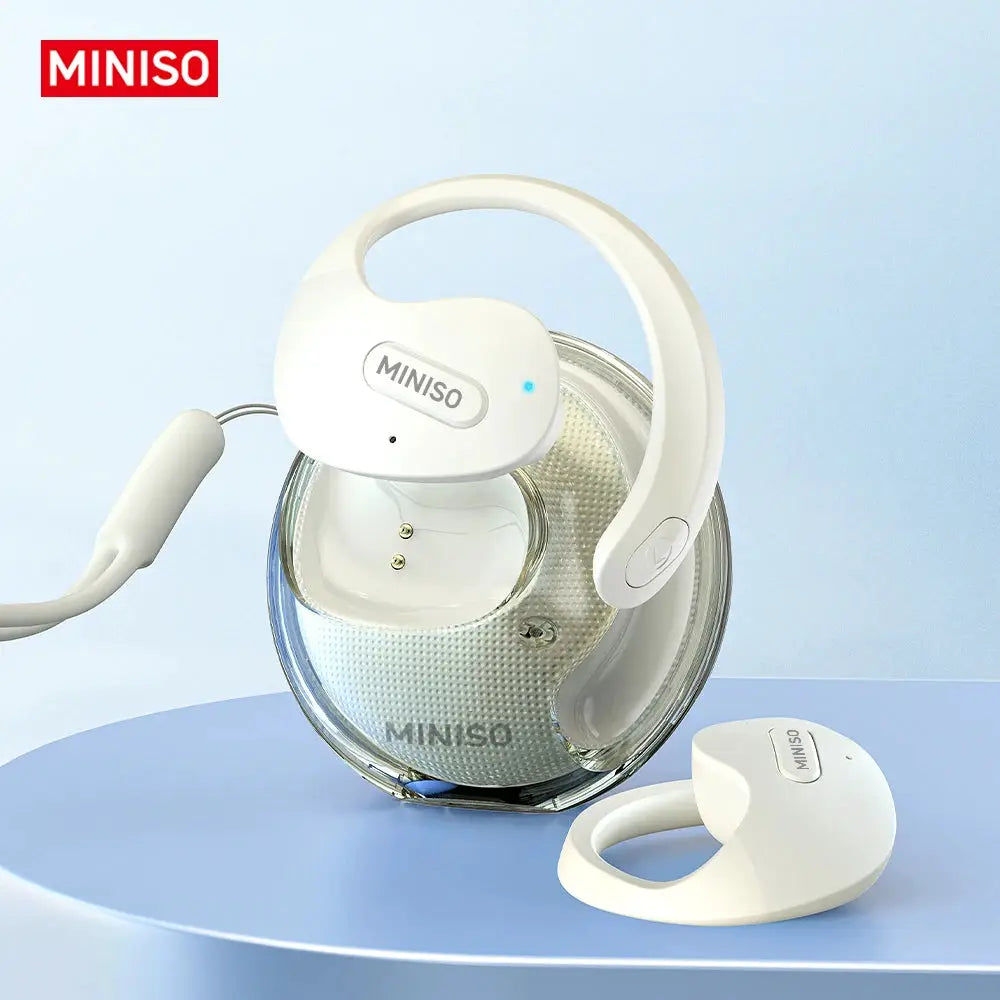 MINISO X15Pro translator headset, white Bluetooth earphones with charging case, 2-piece set.