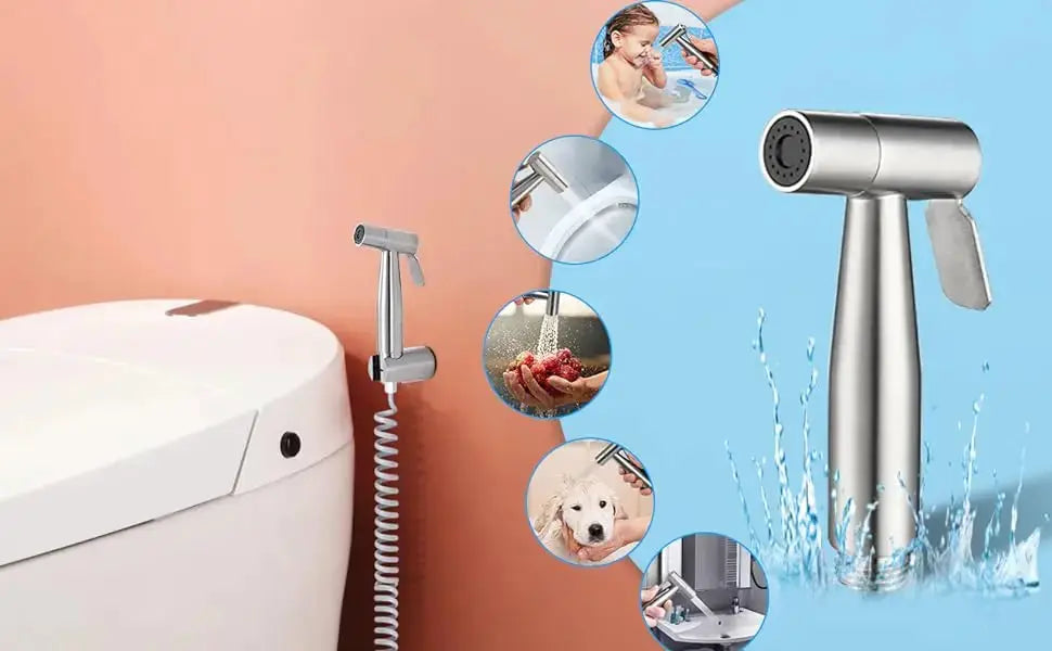 Simples Market handheld bidet toilet sprayer kit, stainless steel with 3-way valve and coiled hose