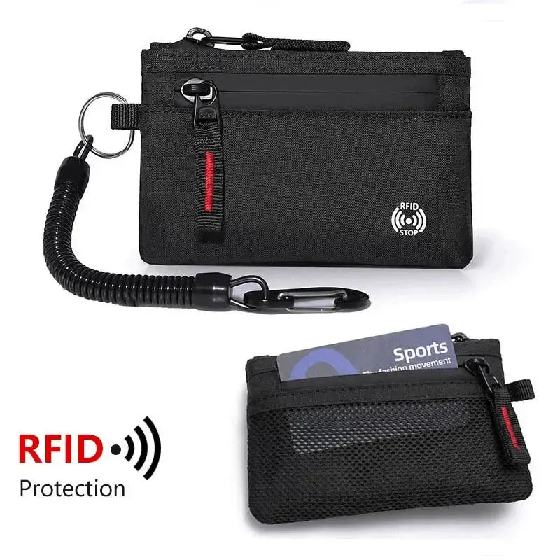 Simples Market Zipper RFID Wallet - black nylon mini coin purse with key lanyard and carabiner