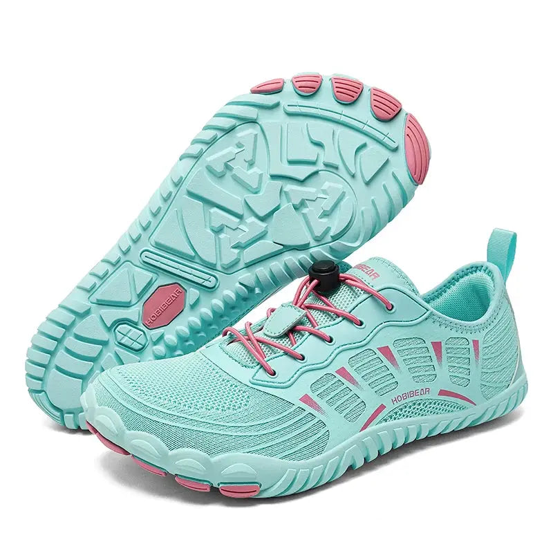 HOBIBEAR barefoot shoes, turquoise mesh upper, rugged sole