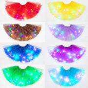 LED glowing tulle star skirt set of eight in red, yellow, brown, purple, blue, violet, green, teal