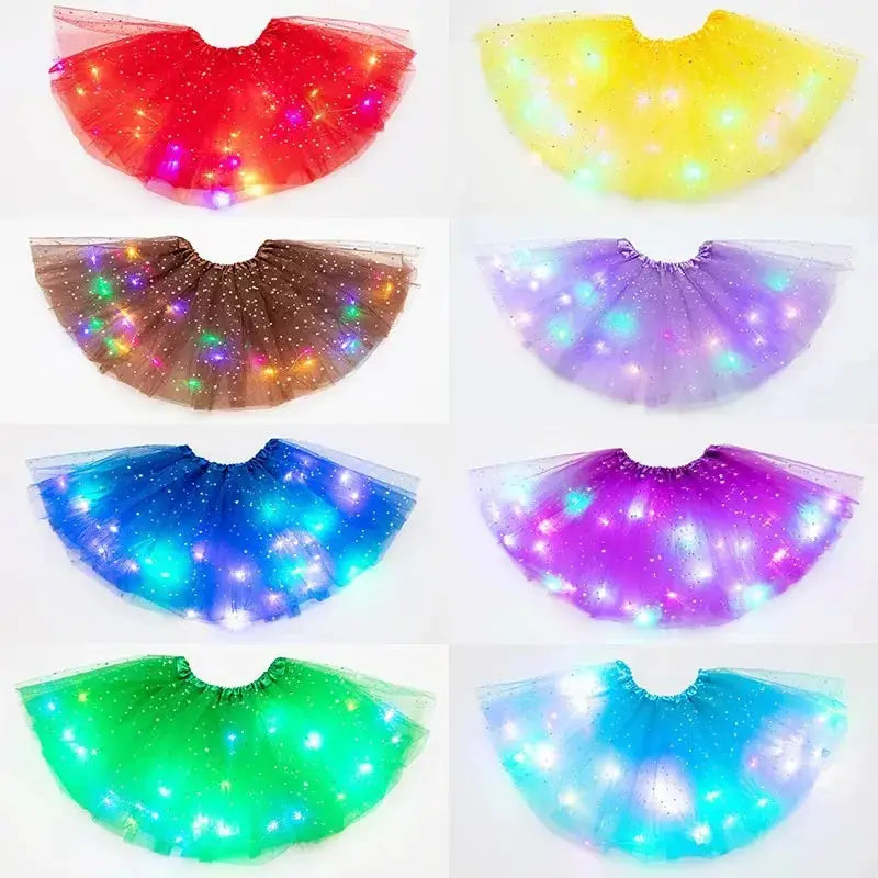 LED glowing tulle star skirt set of eight in red, yellow, brown, purple, blue, violet, green, teal