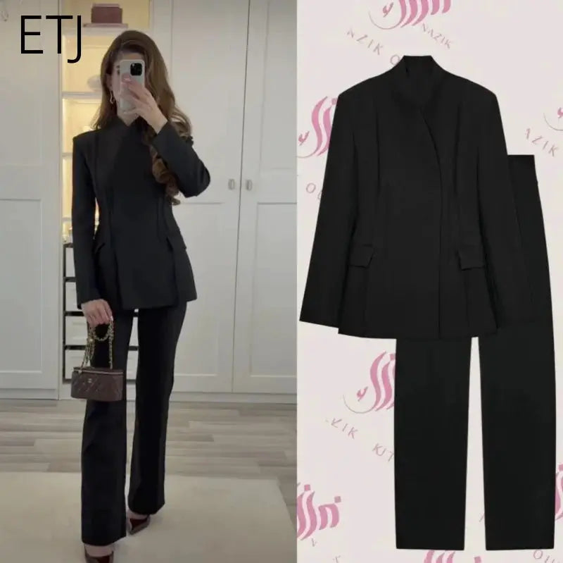 ETJ 2025 two-piece black women's suit set with three-dimensional-cut high-collar jacket and matching slim trousers