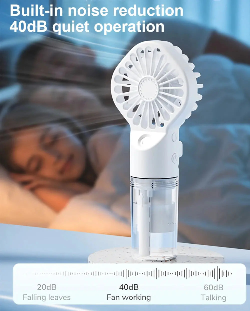 Simples Market portable handheld spray fan with humidifier and water mist, white, USB-rechargeable, 4 speeds
