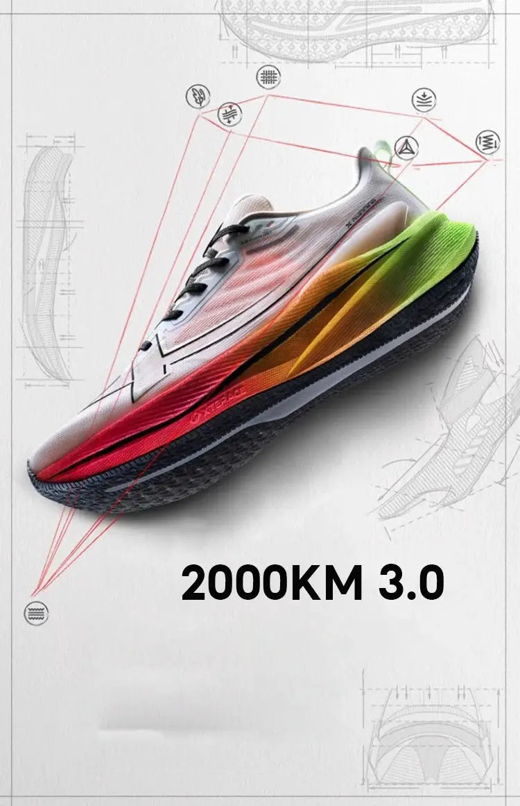 Xtep men's running shoes 2000KM 3.0, lightweight cushioned wear-resistant sneakers with white-to-red gradient upper