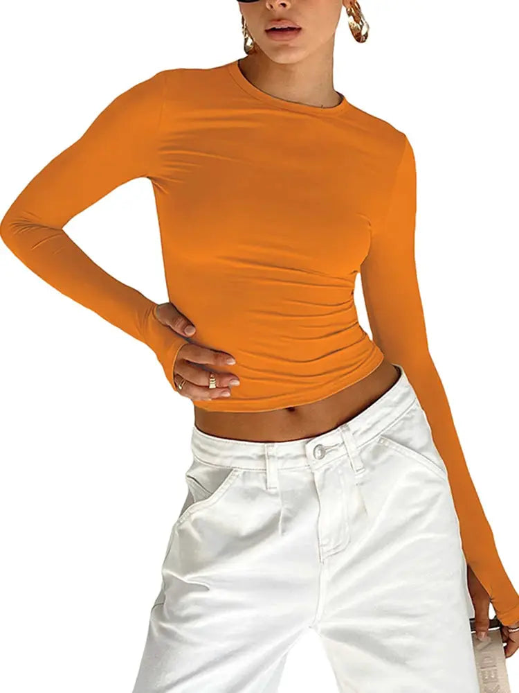 Womens Long Sleeve Crew Neck Crop Top With Thumb Holes Slim Fit Solid Color Streetwear For Daily Summer