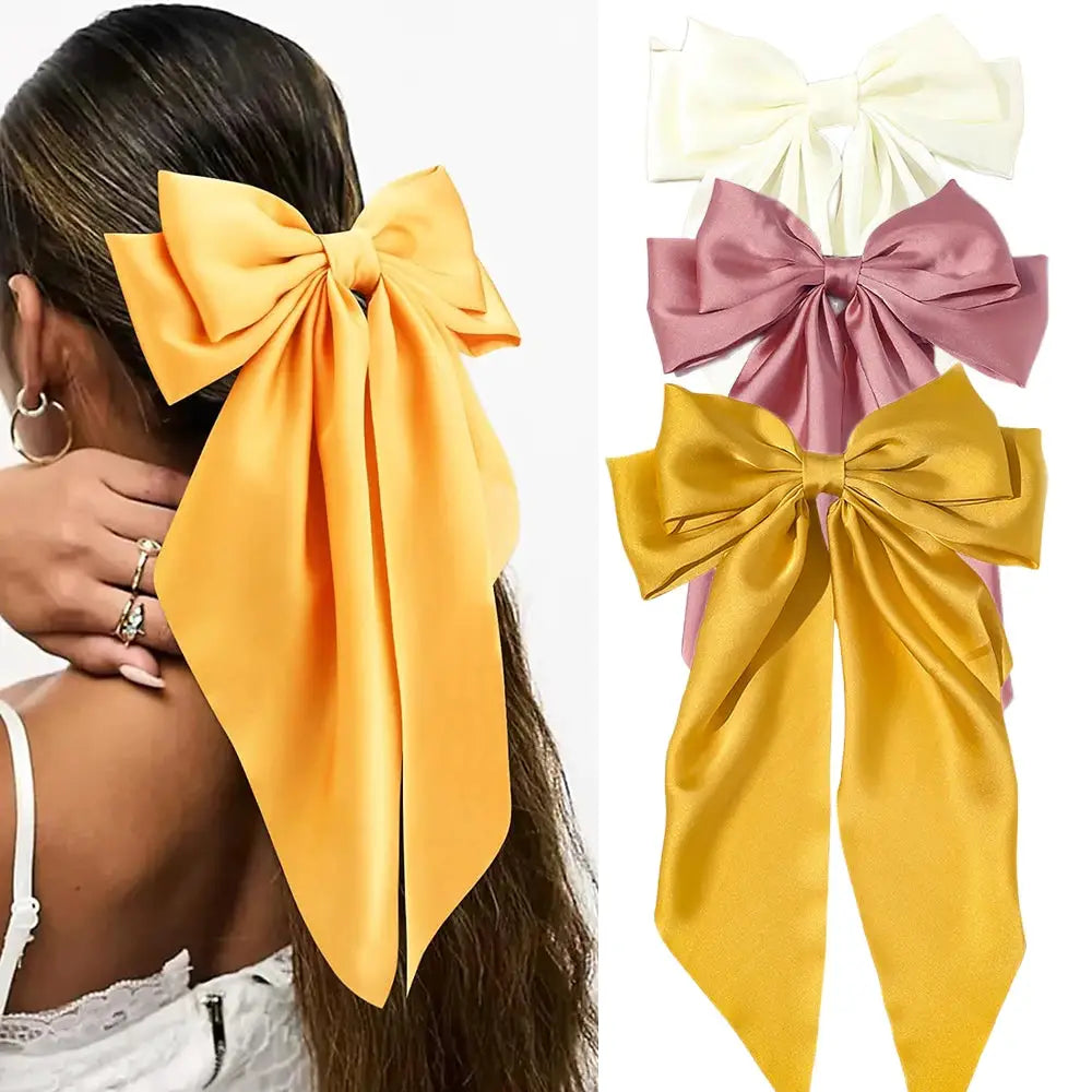 Korean Satin Bowknot Hair Clip For Women And Girls Long Ribbon Solid Color Barrette Hair Accessory