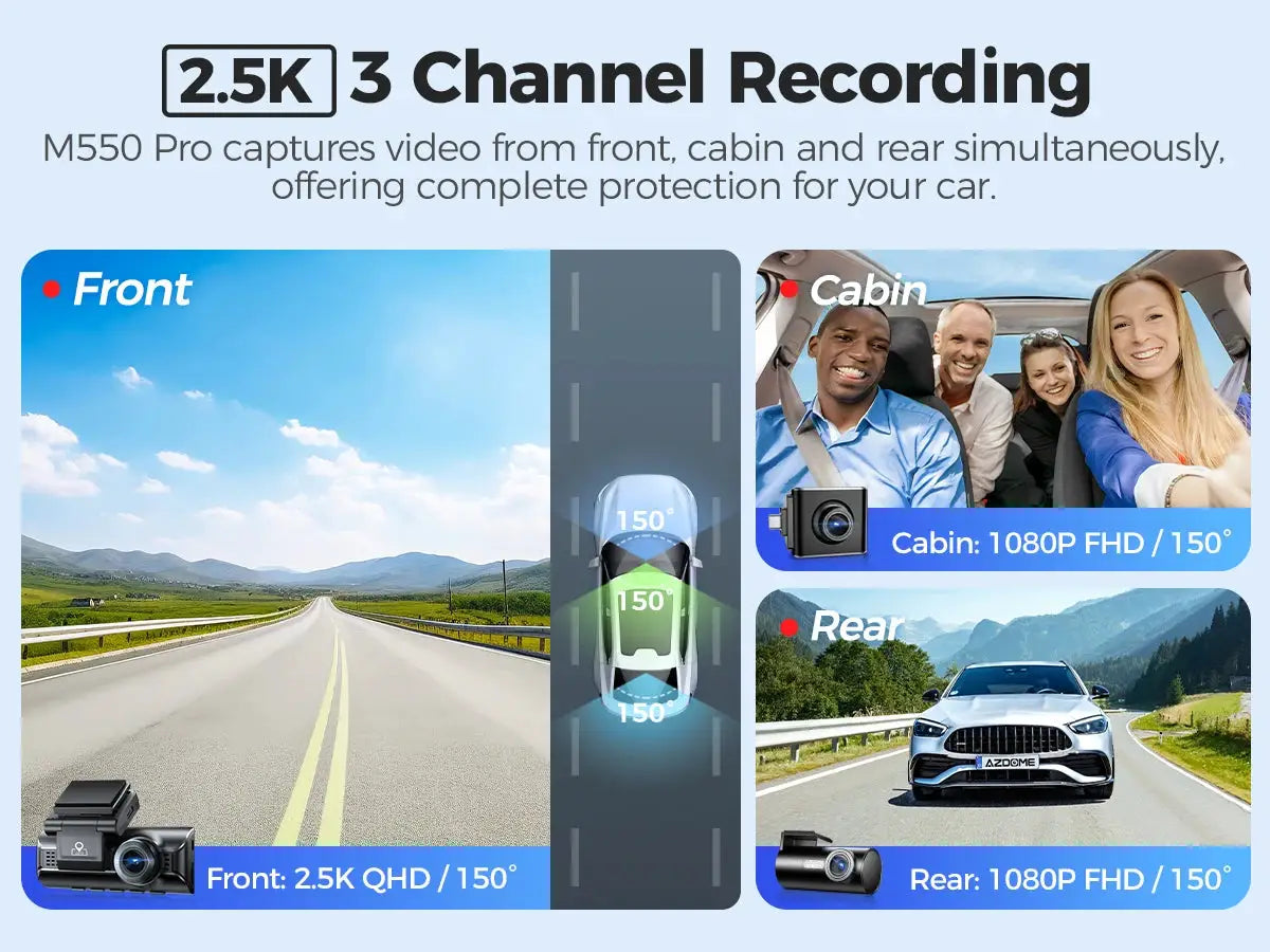 AZDOME M550 Pro Dash Cam 3-channel car DVR with front 2.5K QHD and cabin/rear 1080P FHD, 150-degree FoV