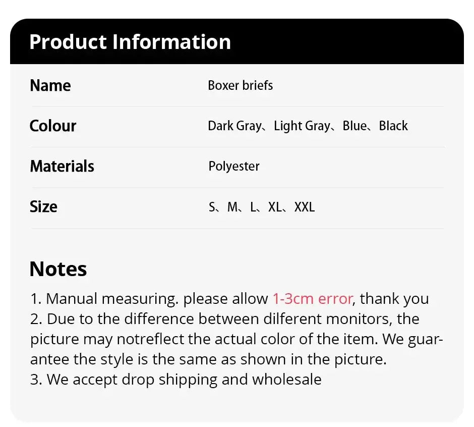 Boxer briefs product info by Simples Market; colors dark gray, light gray, blue, black; polyester; sizes S–XXL.