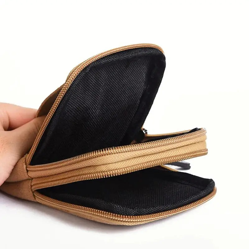 Tan men's waist bag with two zip compartments and black lining, compact fanny pack