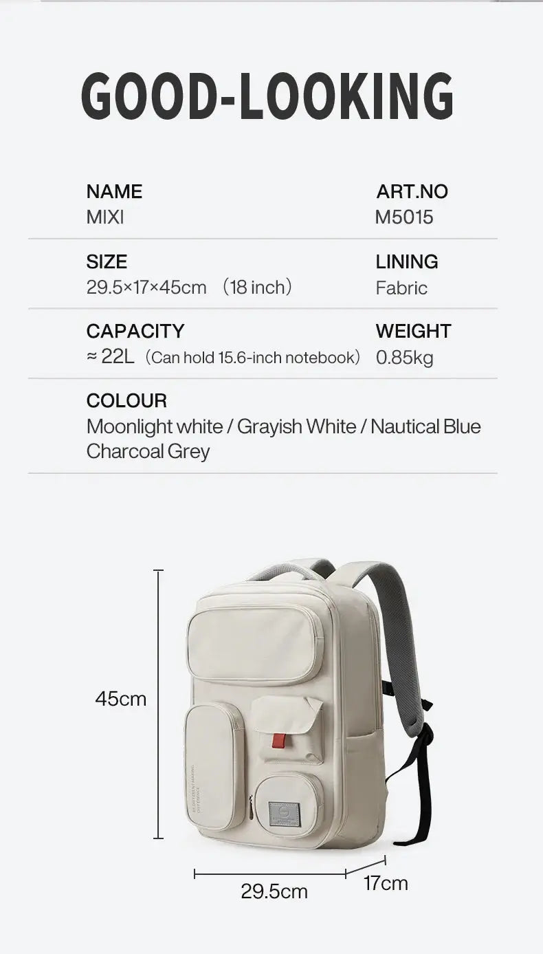 Mixi 18-inch outdoor backpack by Simples Market, white fabric travel bag with multiple front pockets