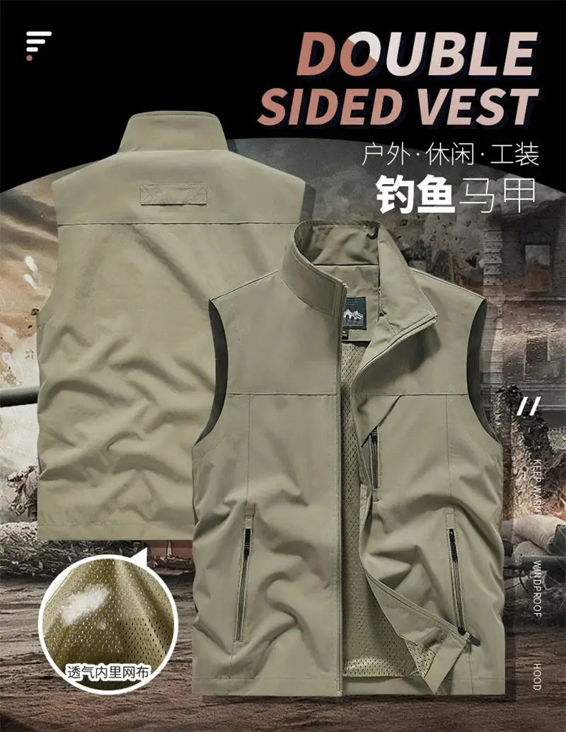 Simples Market men's windproof double-sided beige vest with front pockets and breathable mesh lining.