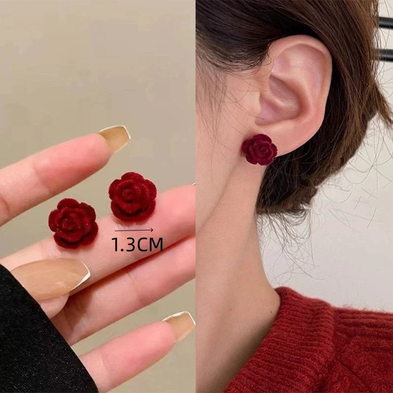 Red camellia flower stud earrings, pair for women, about 1.3 cm each.