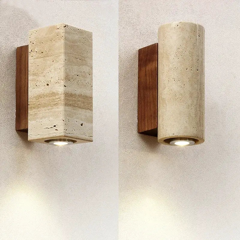 Wabi Sabi yellow marble wall lamp with wood mount, LED bedside sconce (2-pack)