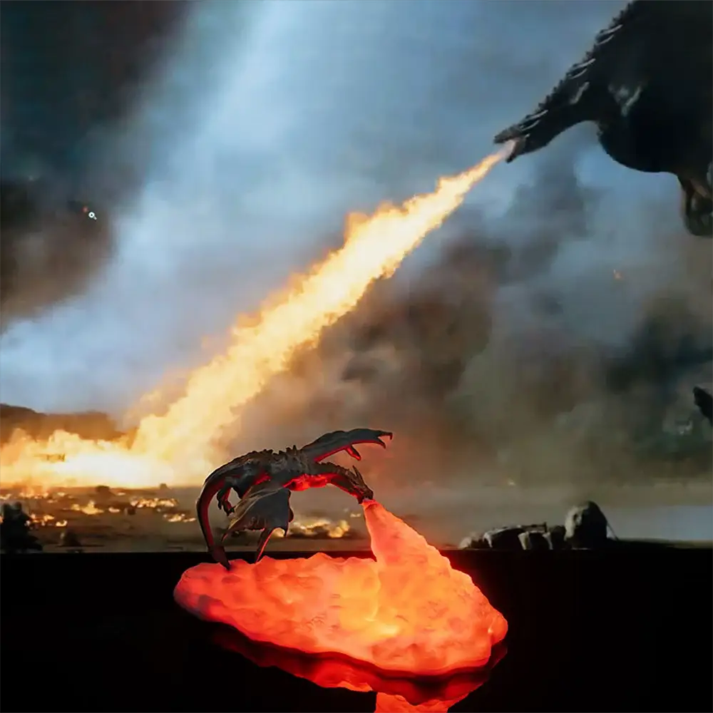 3D-Printed Fire Dragon Lamp on glowing red rock base, USB-powered LED desk lamp