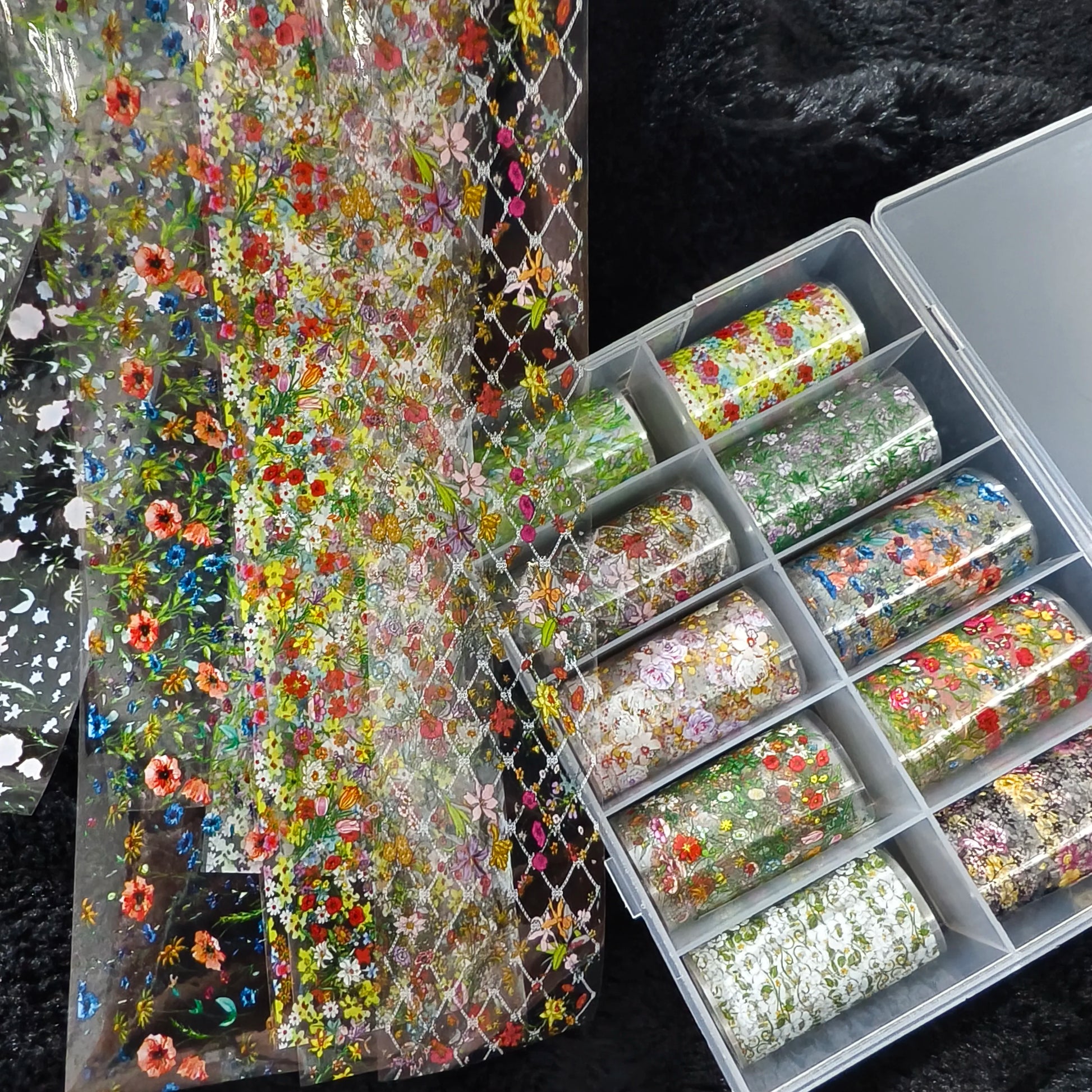 Nail foil rolls set: 10 rolls of floral Halloween bow, plaid and marble designs by Simples Market
