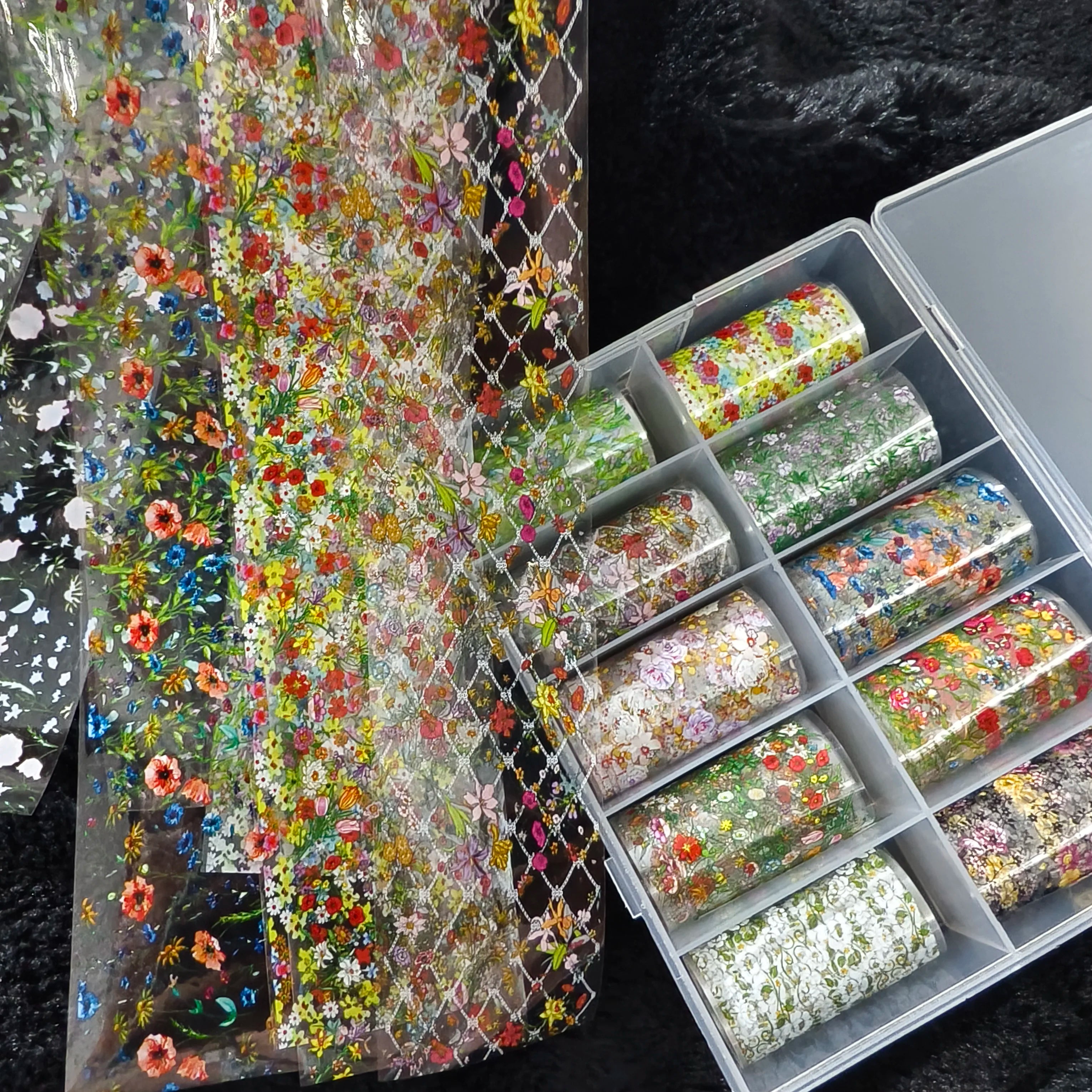 Nail foil rolls set: 10 rolls of floral Halloween bow, plaid and marble designs by Simples Market