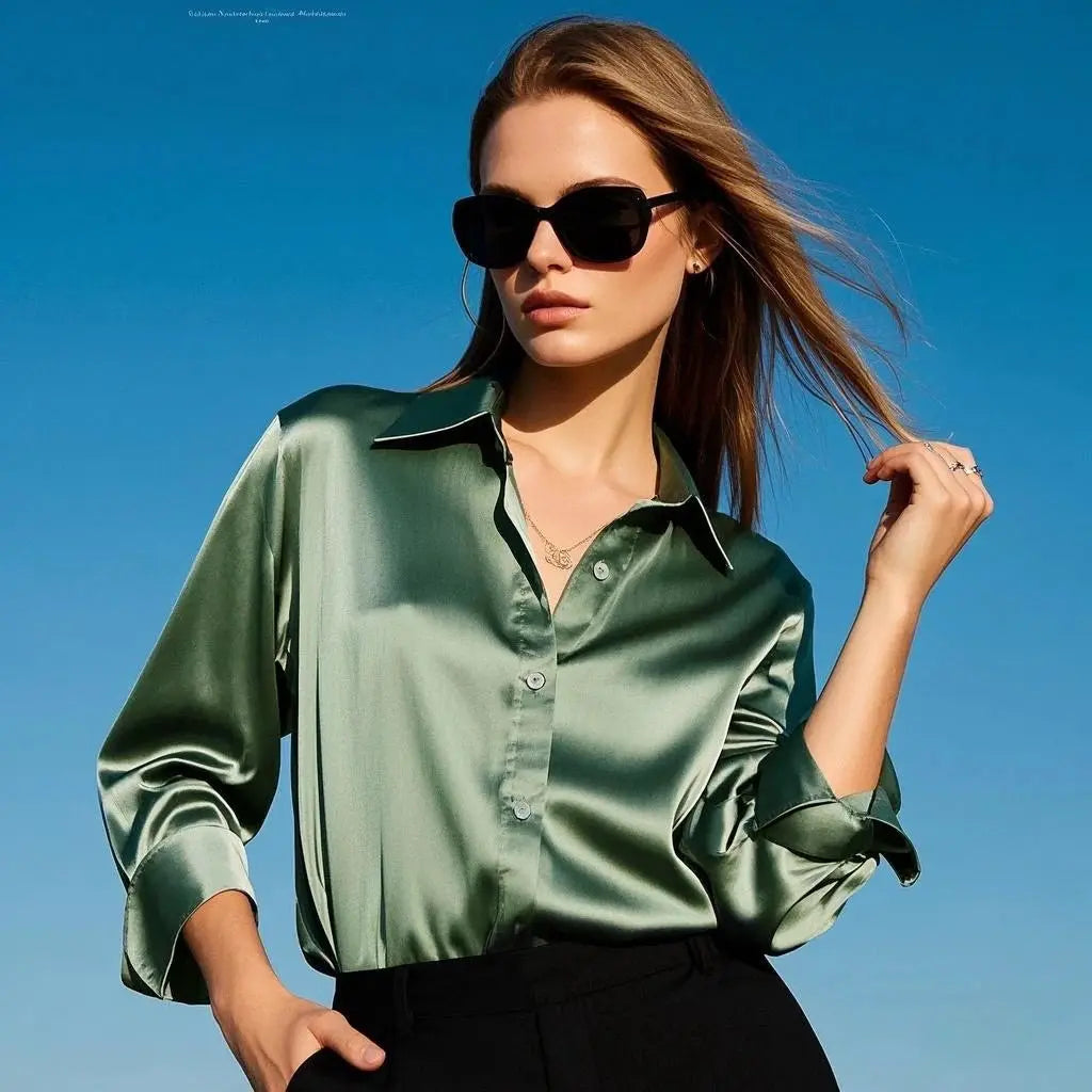 Satin green blouse for women with rolled sleeves, office-ready top by Simples Market