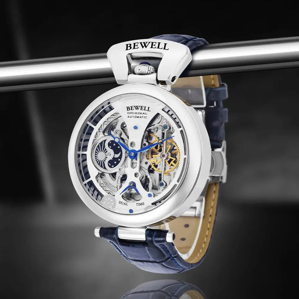 High-end waterproof automatic mechanical watch by BEWELL with blue leather strap and transparent back
