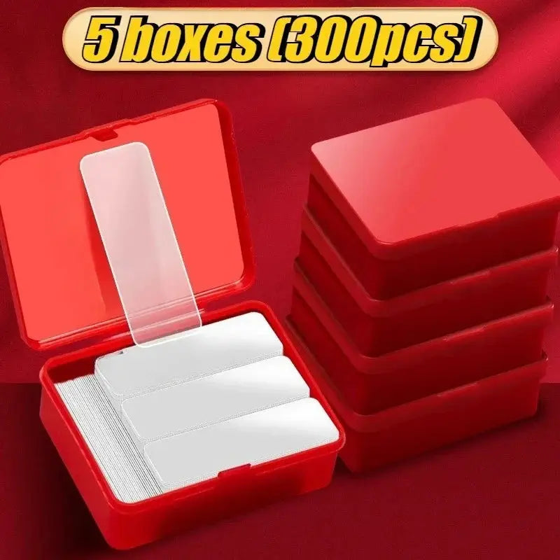 Double-sided adhesive tape sheets in red cases; 5 boxes (300 pcs) with clear adhesive strips.