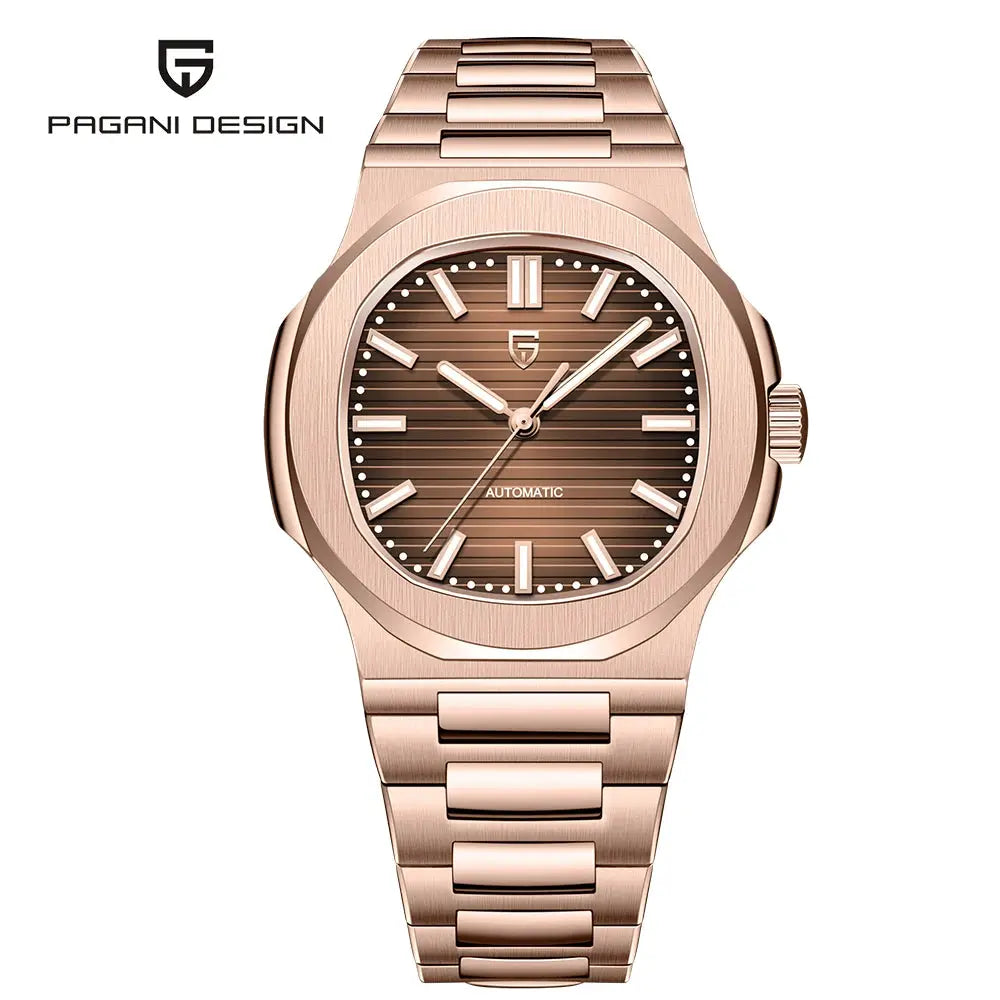 Pagani Design men's automatic wristwatch in rose gold with stainless steel bracelet.