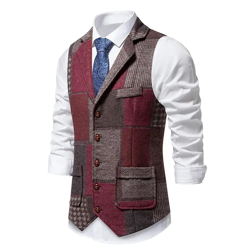 Men's green tweed plaid waistcoat with lapels, brown buttons and patch pockets