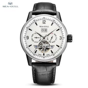 Sea-Gull men automatic watch with white dial, black leather strap, open-heart flywheel and calendar subdials