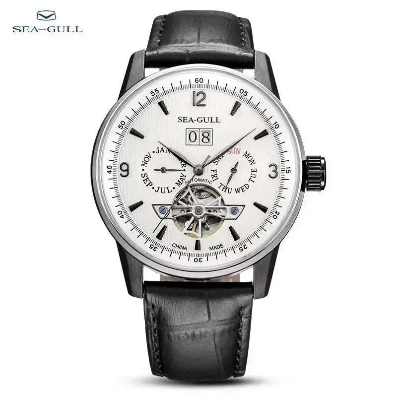 Sea-Gull men automatic watch with white dial, black leather strap, open-heart flywheel and calendar subdials