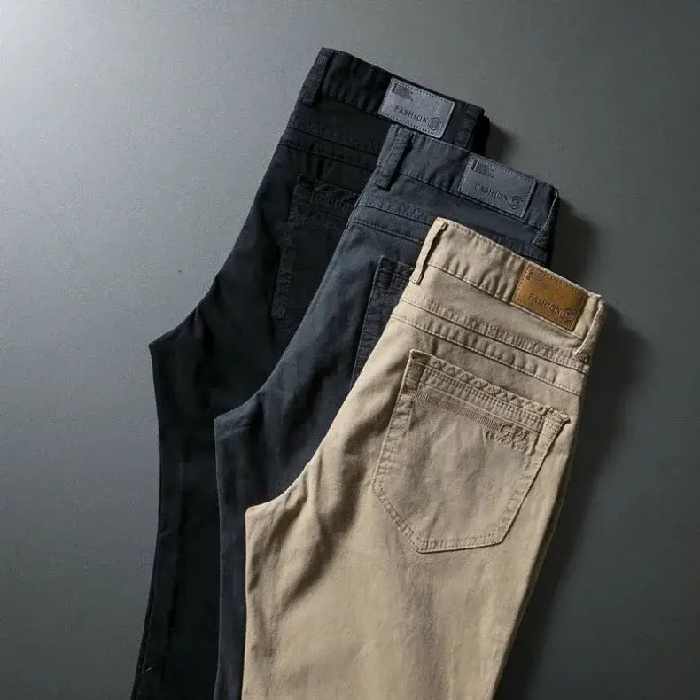 Simples Market men's straight cotton pants in black, navy, and beige; 3-pack with back pockets and belt loops