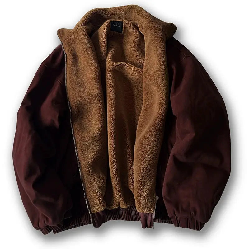 Polar fleece jacket for men by Simples Market; burgundy exterior with tan sherpa lining, zip-front winter coat