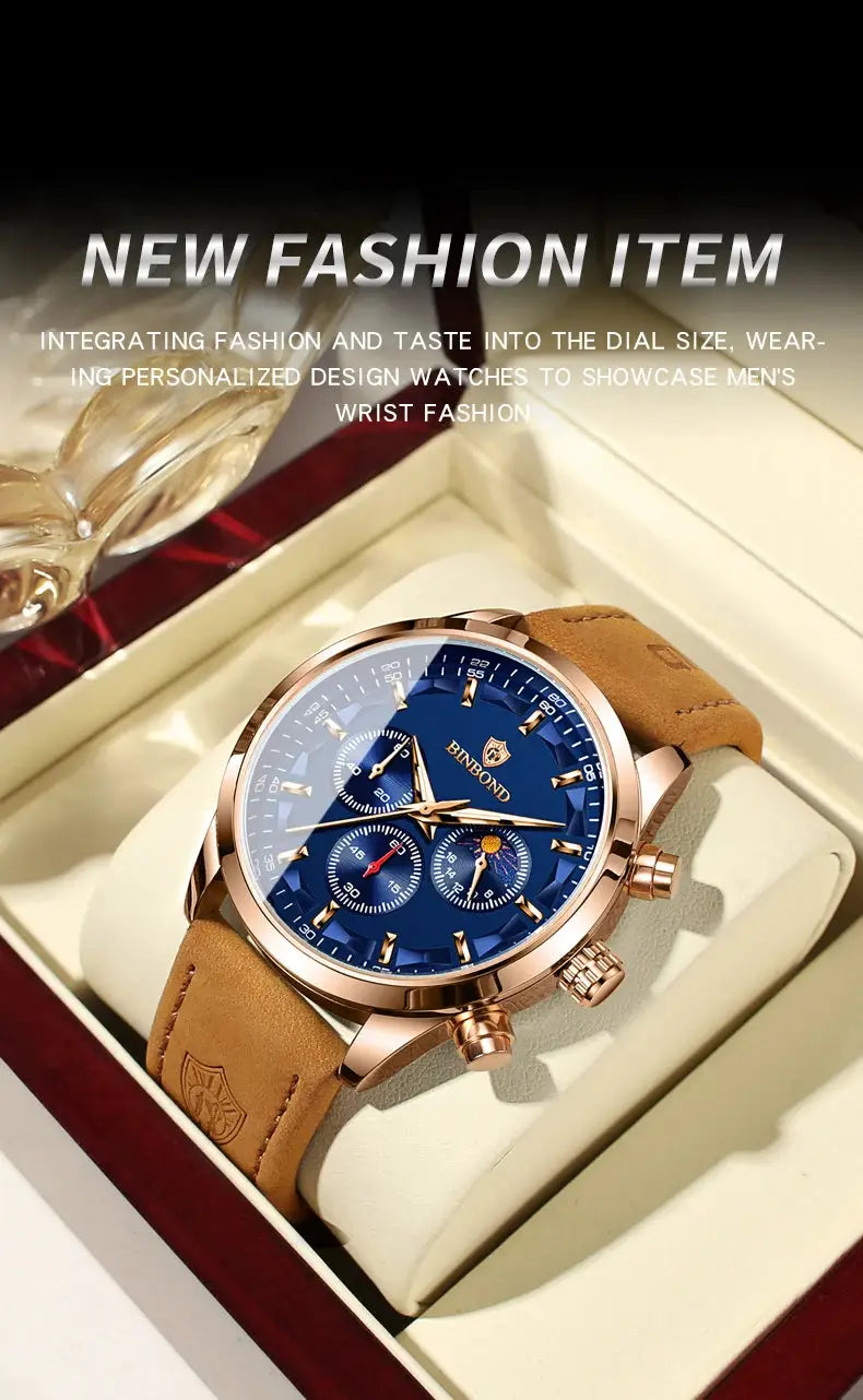 BINBOND men's chronograph wristwatch with blue dial, rose-gold case and brown leather strap