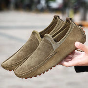 Simples Market men's driving shoes pair in brown suede with tan elastic panels and studded rubber sole.