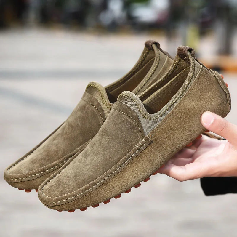 Simples Market men's driving shoes pair in brown suede with tan elastic panels and studded rubber sole.