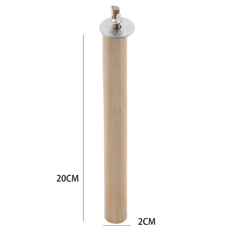 Parrot wood perch rod for bird cage, natural finish, 20 cm tall, 2 cm diameter with metal mounting plate