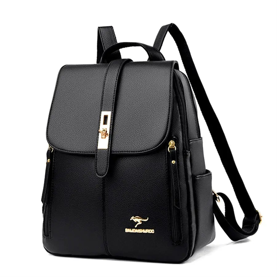 Black leather luxury backpack with gold hardware, front flap closure, compact daypack
