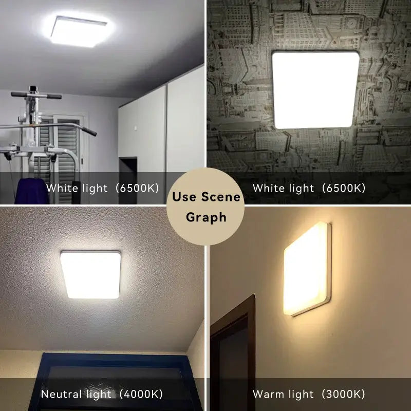 Simples Market square LED ceiling lamp panel, 110–220V, 15–50W, shown in white/neutral/warm light across four views