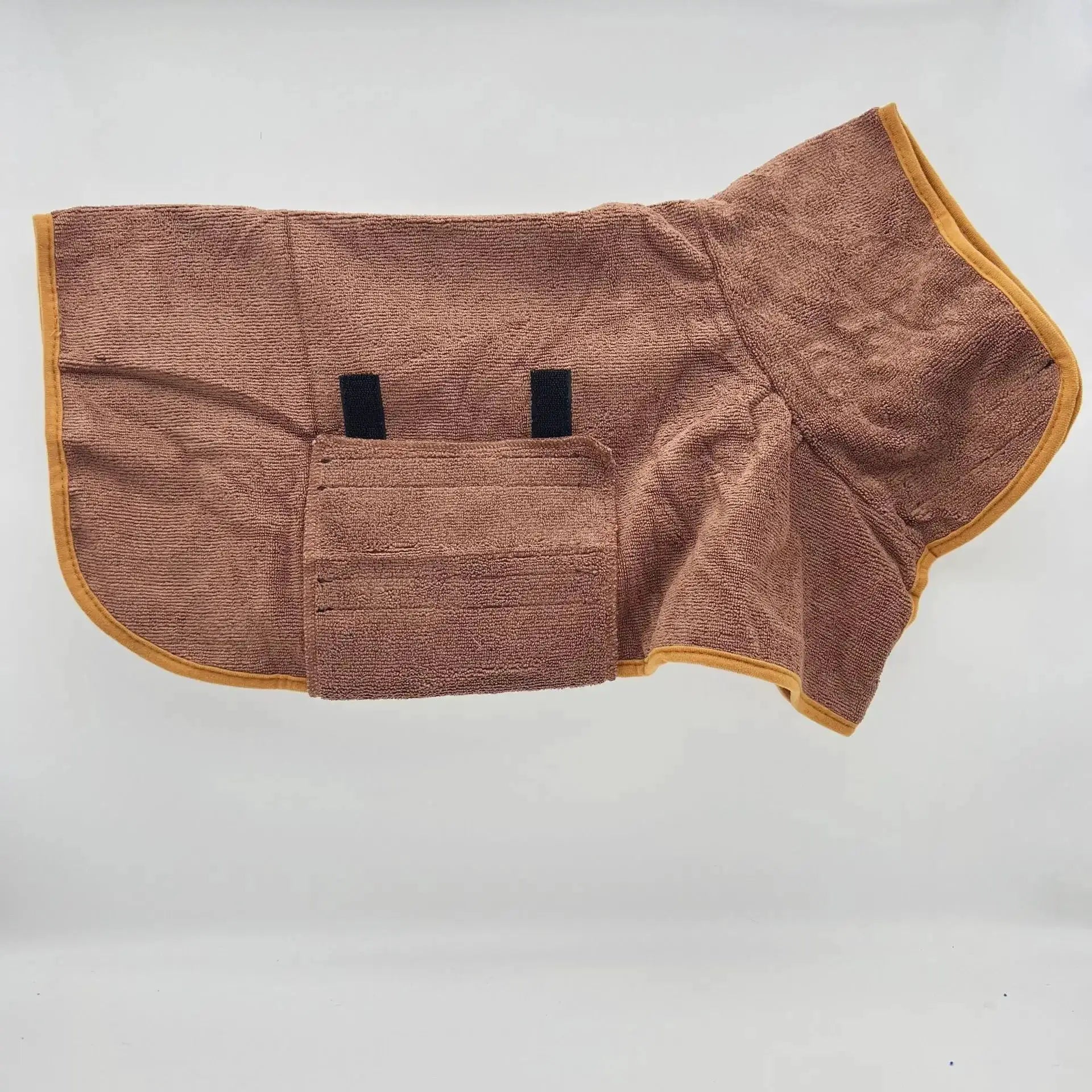 Dog bathrobe towel for pets; brown terry cloth with orange trim and black fastener tabs