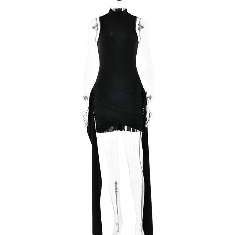 Turtleneck Sleeveless Mini Dress Women Ruched Irregular Club Party