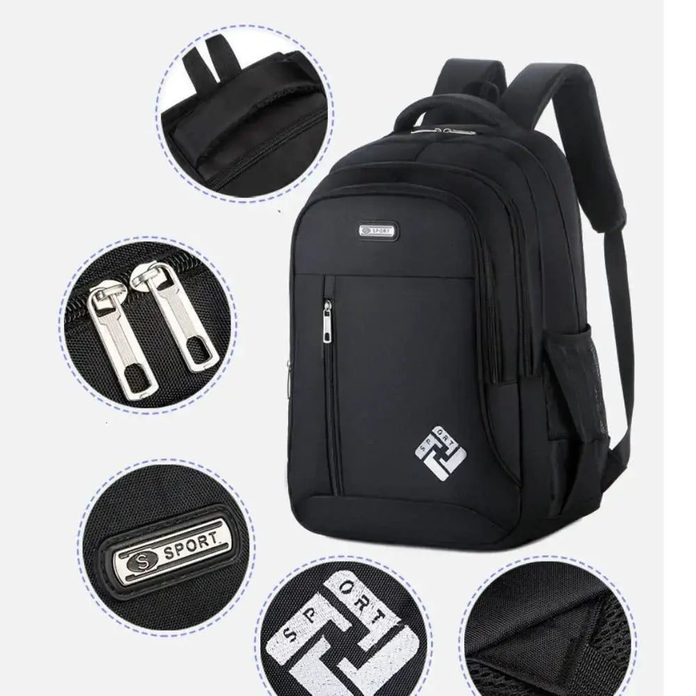 Backpack for men black waterproof with multiple zipper pockets, front pocket and padded shoulder straps, sport logo