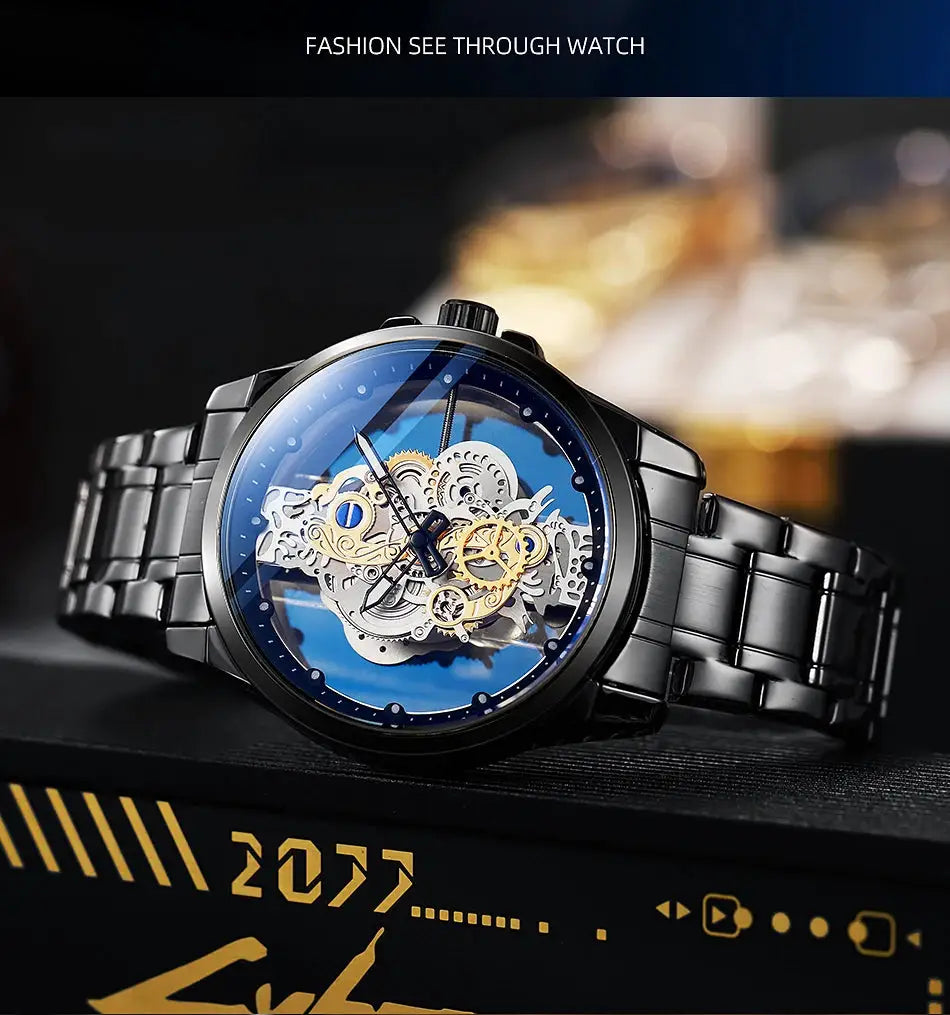 Men's skeleton automatic quartz watch with blue dial and gold-tone gears, stainless steel bracelet, Simples Market.