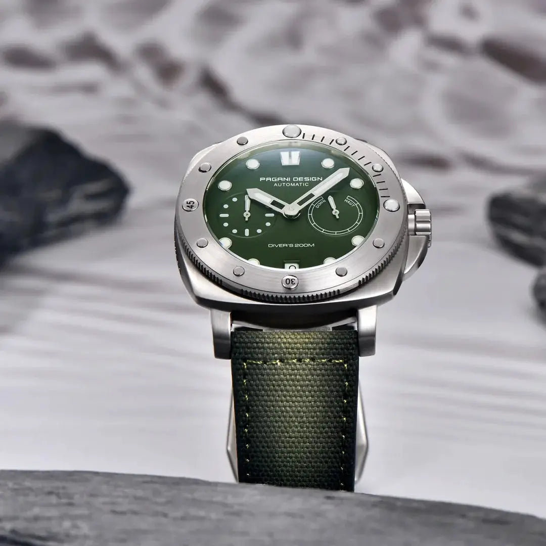 Pagani Design men's automatic dive watch with green dial, stainless steel case, and green fabric strap