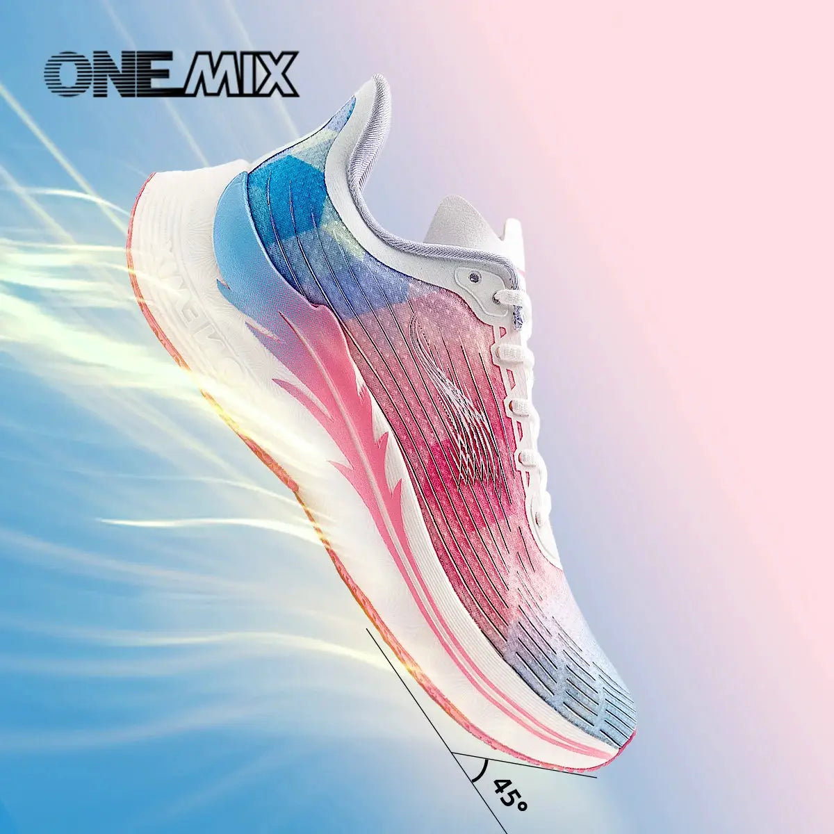 Onemix running shoe gradient pink-to-blue with white sole; breathable lightweight lace-up sneaker