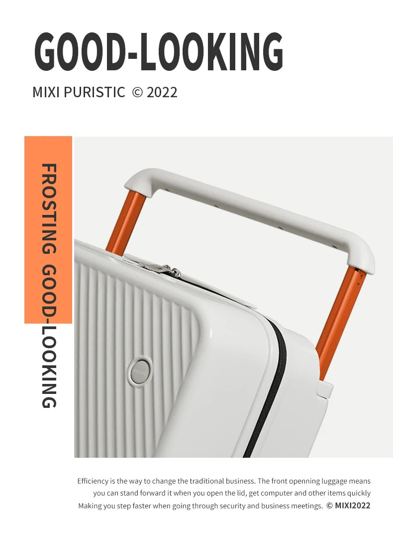 Mixi wide-handle travel luggage suitcase, white hardside with orange telescoping handle.