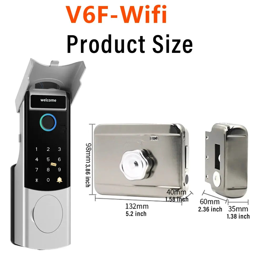 Smart door lock with keypad and fingerprint, Tuya app Bluetooth control; silver metal finish with strike plate.