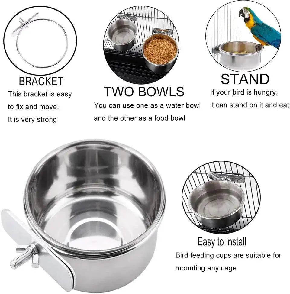 Parrot feeding cups stainless steel with clamp holder; two bowls for cages, Simples Market